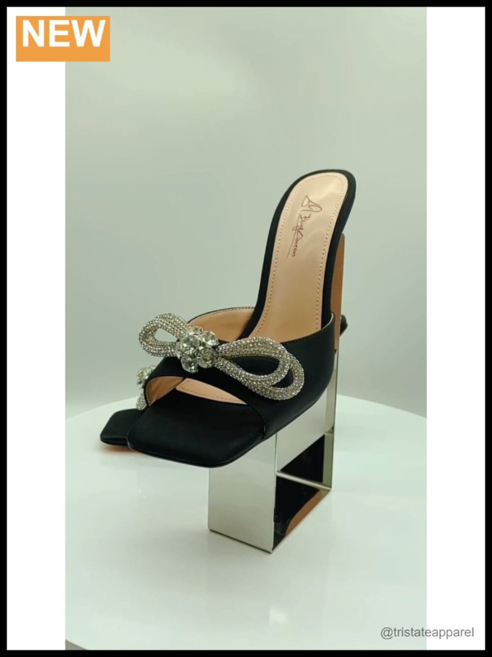 Women's Heeled Sandals Double Rhinestone Bow Satin Mules Square Open Toe - Picture 5 of 5